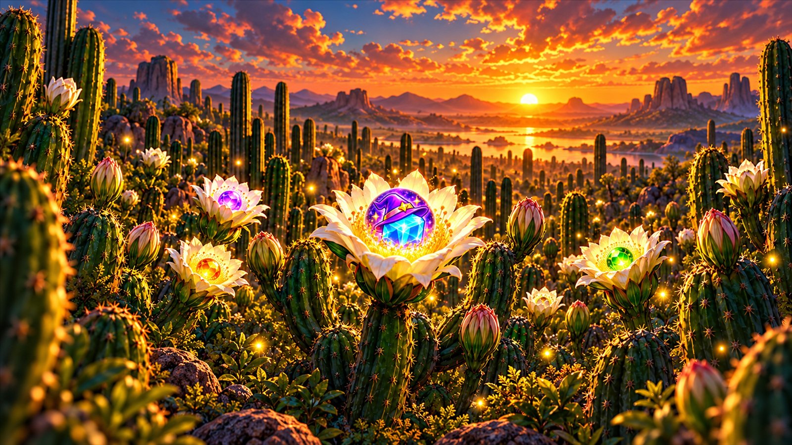 Uma flor de mandacaru revela o cristal e o chapéu do WizardBlocks entre cactos ao pôr do sol.
