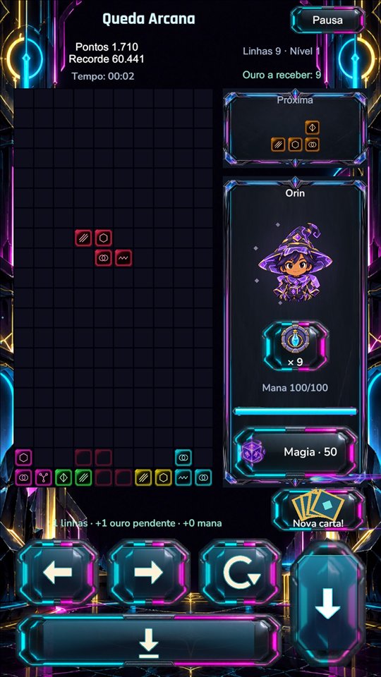 Partida real de Queda Arcana com Orin no tema Neon.