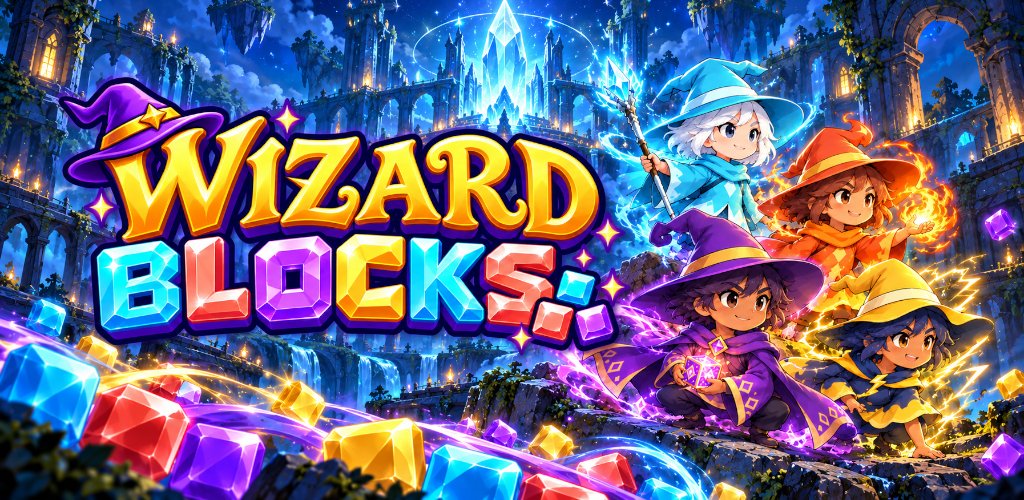 Os quatro magos de WizardBlocks entre blocos coloridos e um castelo mágico.